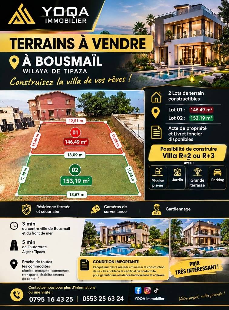 TERRAINS À VENDRE À BOUSMAÏL – TIPAZA قطعتي أرض للبيع بمدينة بواسماعيل – ولاية تيبازة